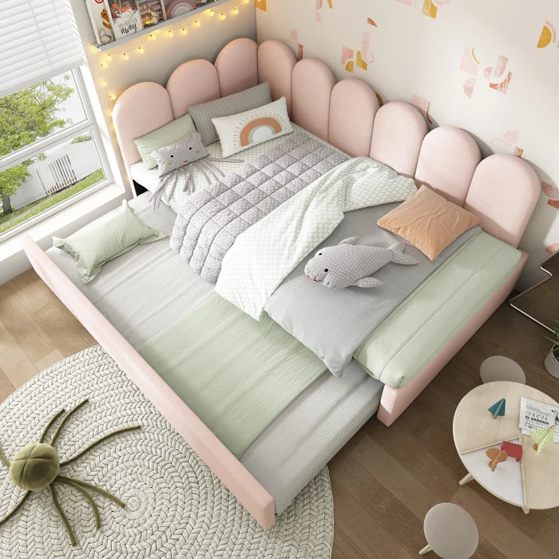 Pink Upholstered Daybed with Pull-Out Bed, 3FT Single Sofa Bed, Metal Slatted Frame, Easy Assembly, 193L x 97W x 76H cm