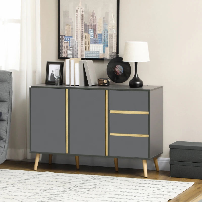 Modern Dark Grey Sideboard - Kitchen Cupboard with Double Doors, 3 Drawers & Adjustable Shelves for Living Dining Room