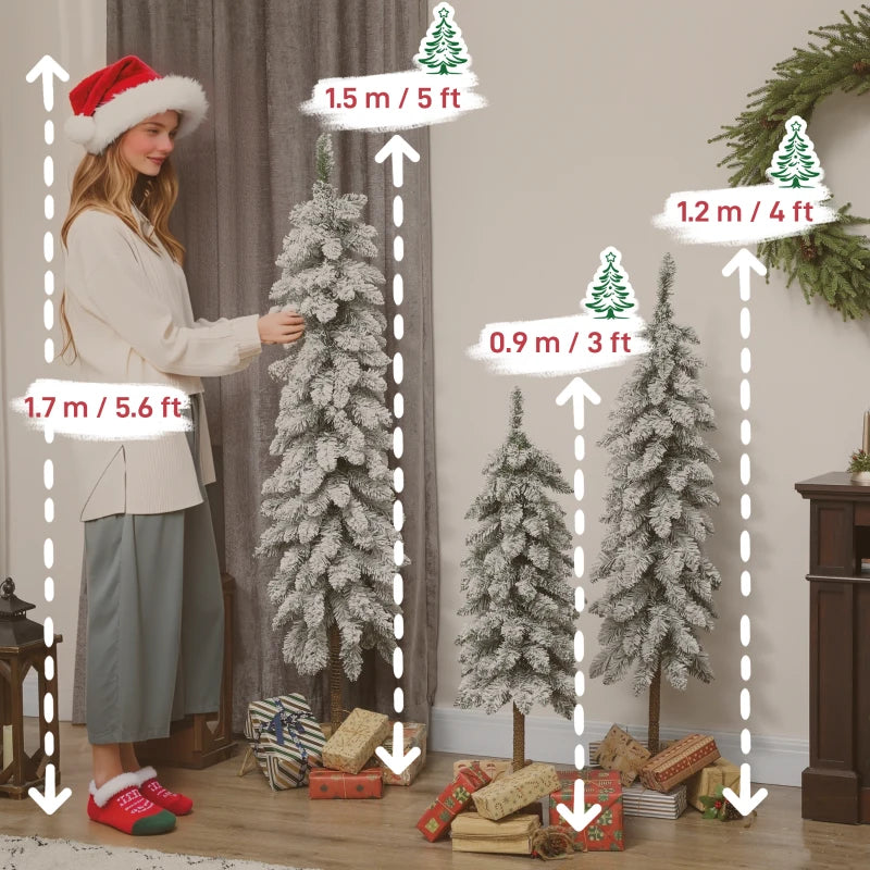 Set of 3 Flocked Pencil Christmas Trees - 3ft, 4ft, 5ft - Perfect Holiday Decor for Home & Office