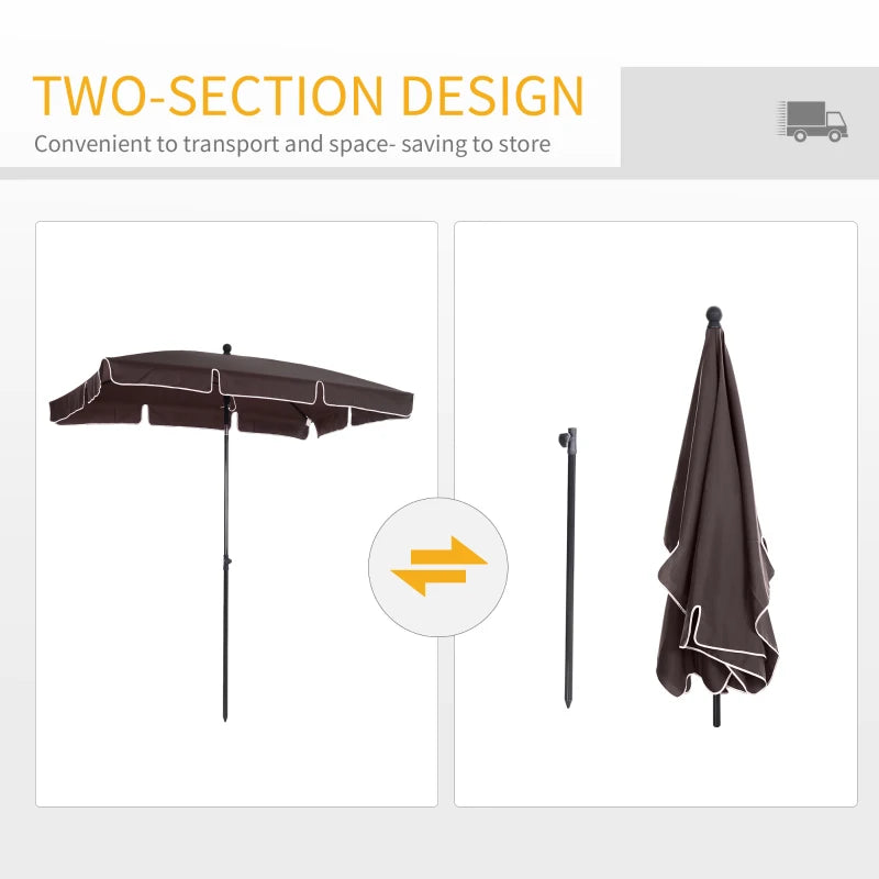 Brown Rectangular Ruffled Garden Parasol with Tilting Canopy