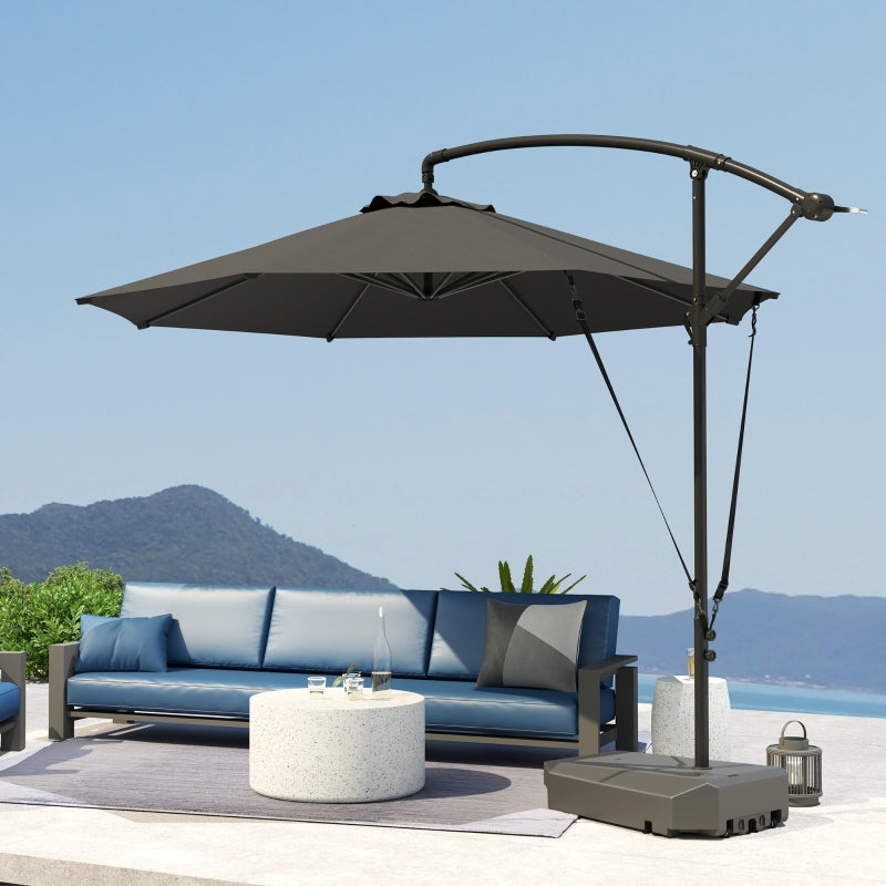 3m Grey Garden Cantilever Parasol with Fillable Base, Wind Protection Strap, Cover, Crank Handle & Tilt - UPF50+