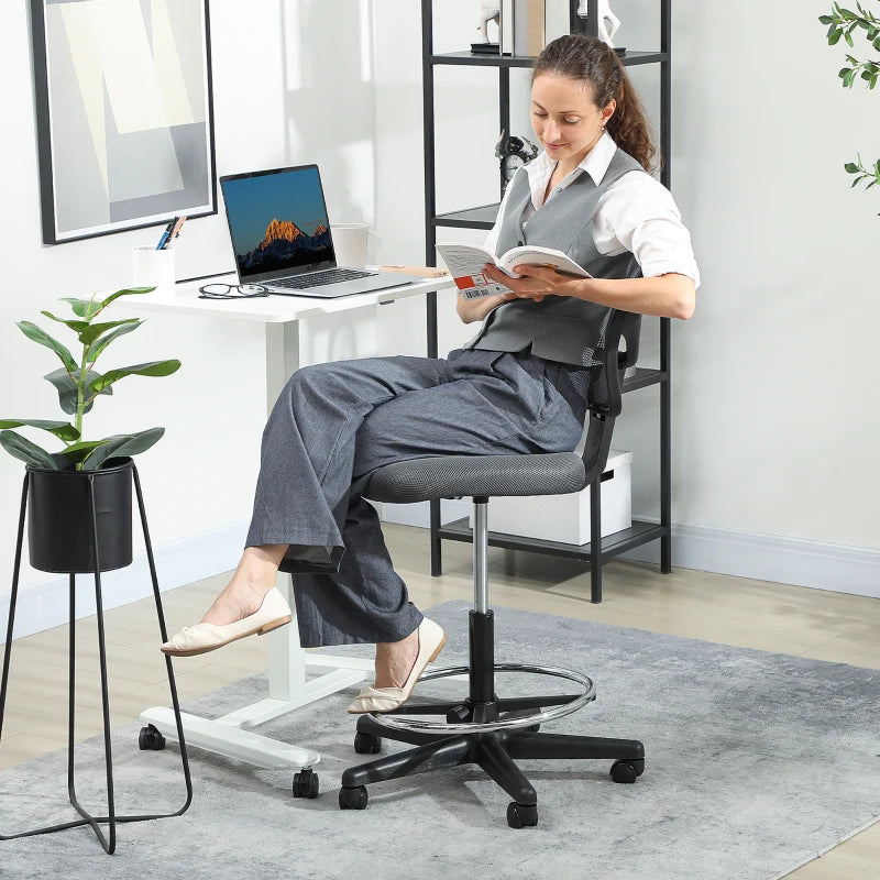 Vinsetto Ergonomic Mesh Standing Desk Chair - Adjustable Footrest & Seat Height, Charcoal Grey for Ultimate Comfort