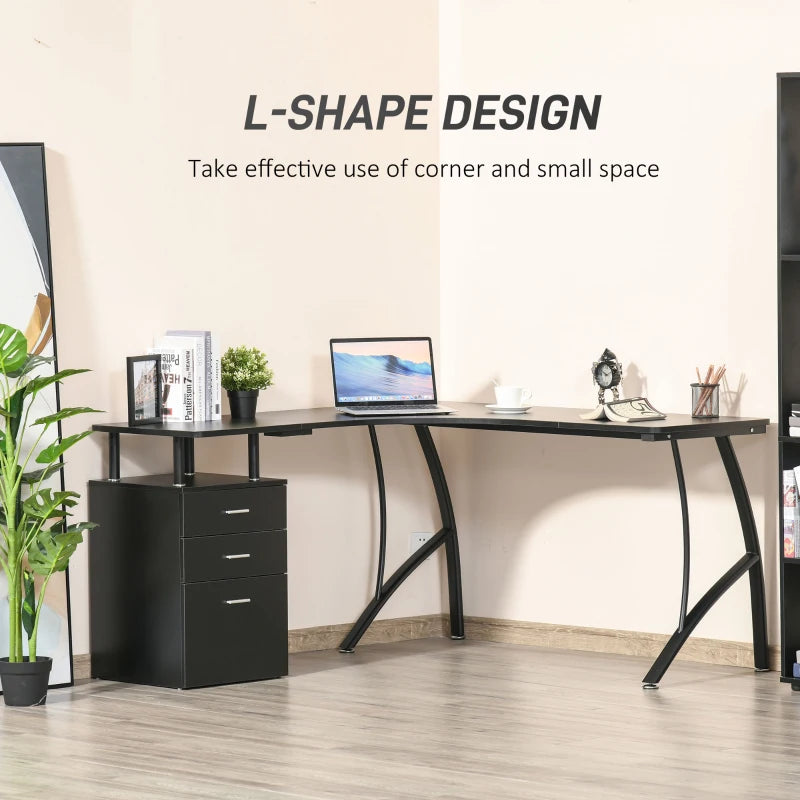 L-Shaped Computer Desk with Storage Drawer - Industrial Corner Workstation for Home Office, 143.5cm, Black