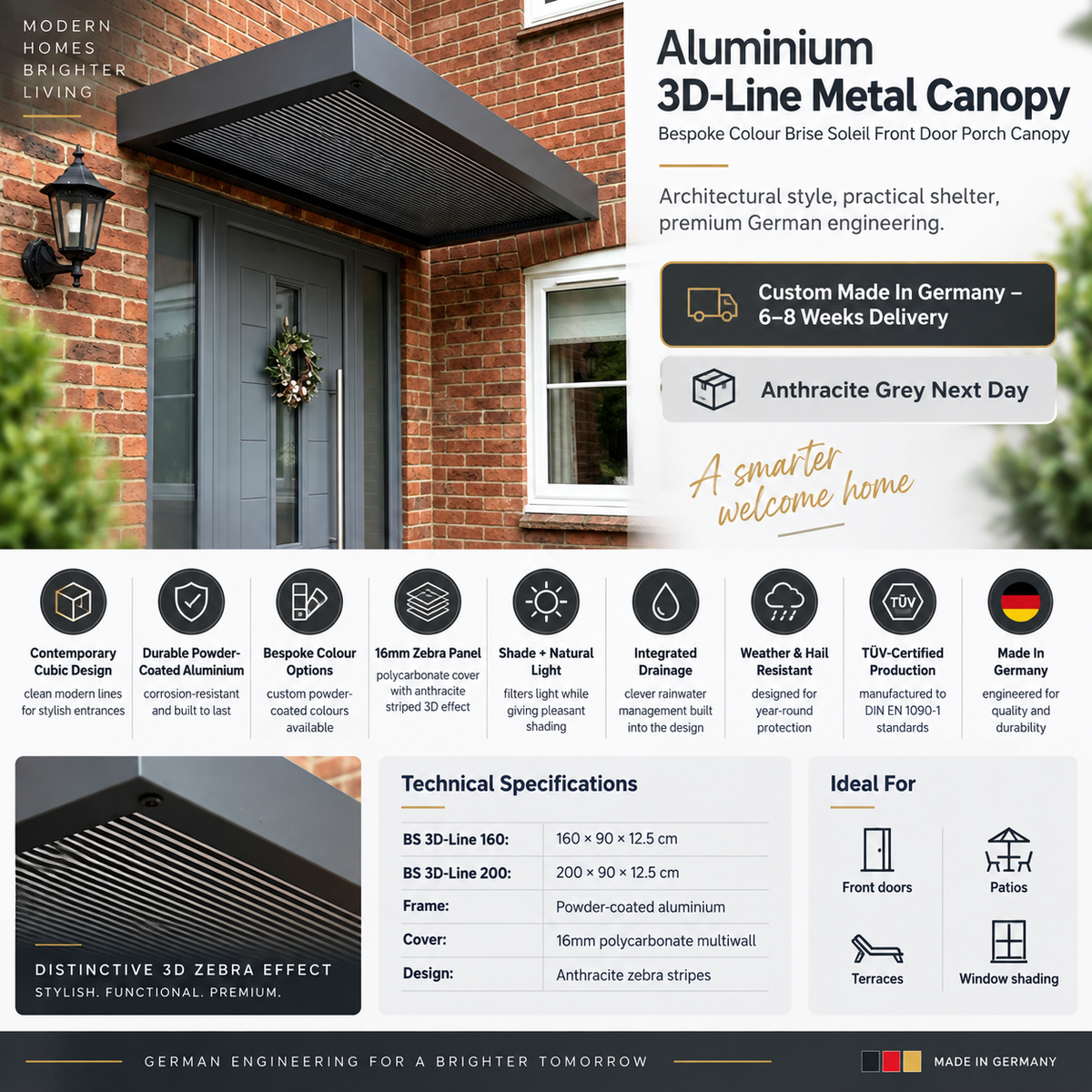 Aluminium 3D-Line Metal Canopy - Bespoke Colour - Brise soleil Front Door Porch Canopy