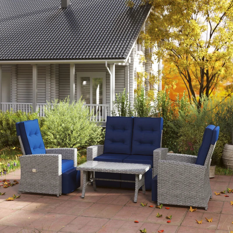 4 Piece Navy Blue Rattan Garden Furniture Set - Outdoor Sofa Sectional with Glass Top Table for Poolside