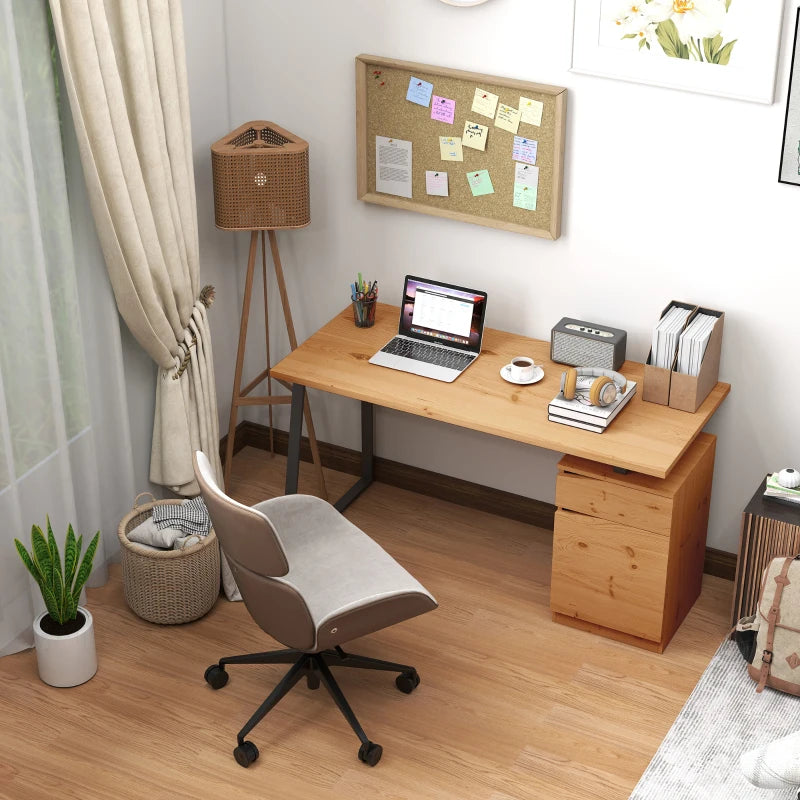 Modern Computer Desk with Cabinet & Drawer - Stylish Writing Desk for Home Office & Study - Metal Legs, Natural Wood Finish