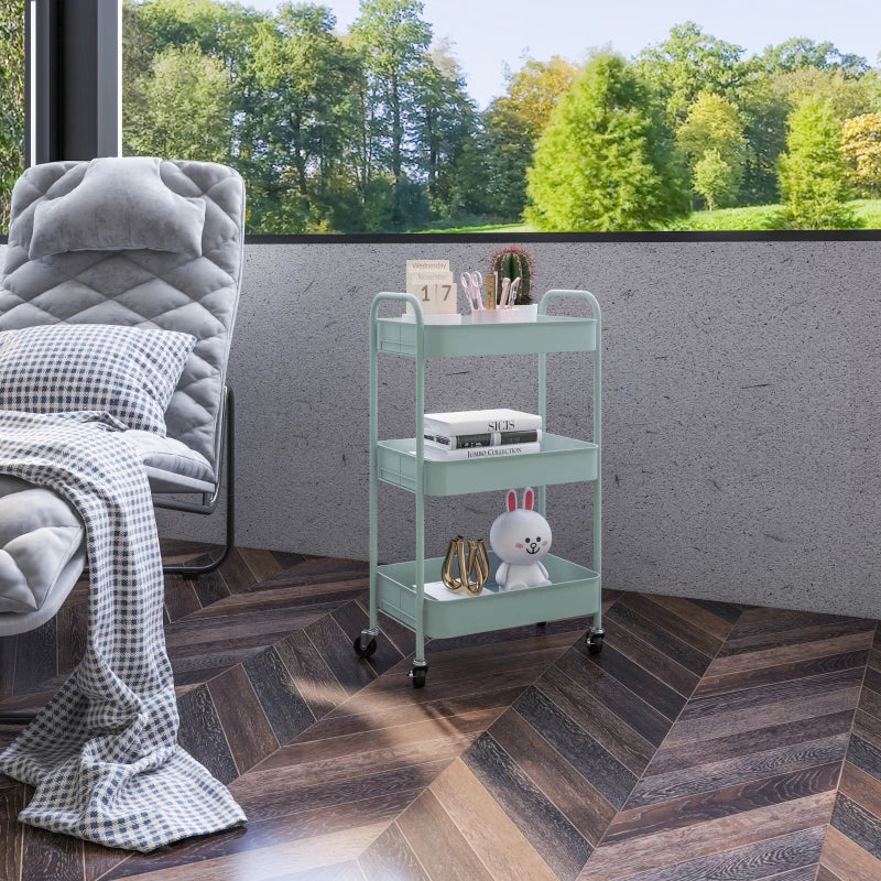 Light Blue Three-Tier Steel Storage Trolley - Durable, Stylish Organizer for Home, Office, Kitchen & Garage