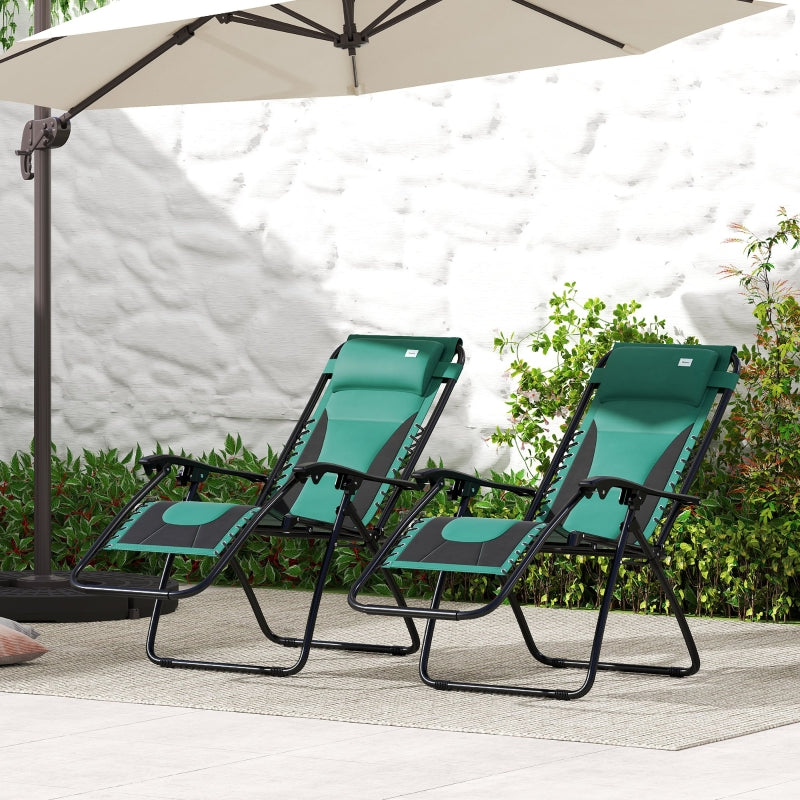 Zero Gravity Lounger Chair Set of 2 - Folding Reclining Patio Chairs with Padded Seat, Cup Holder, Soft Cushion and Headrest - Green