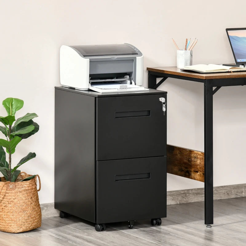 Vinsetto Lockable Metal Mobile File Cabinet with Wheels - 2 Drawer Compact Under Desk Storage for A4 & Legal Files, Black