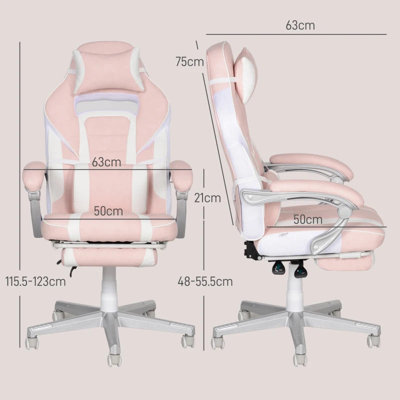 Faux Leather Pink/White Reclining Gaming Chair with Footrest - Ergonomic Comfort for Gamers