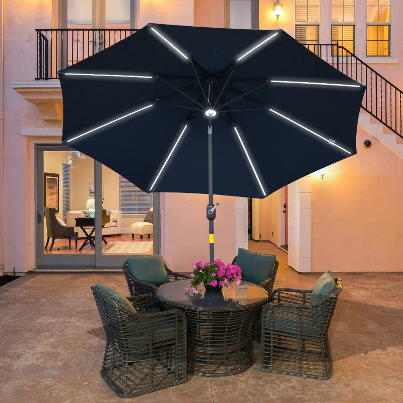 Blue Solar LED Garden Parasol Umbrella - 2.7m