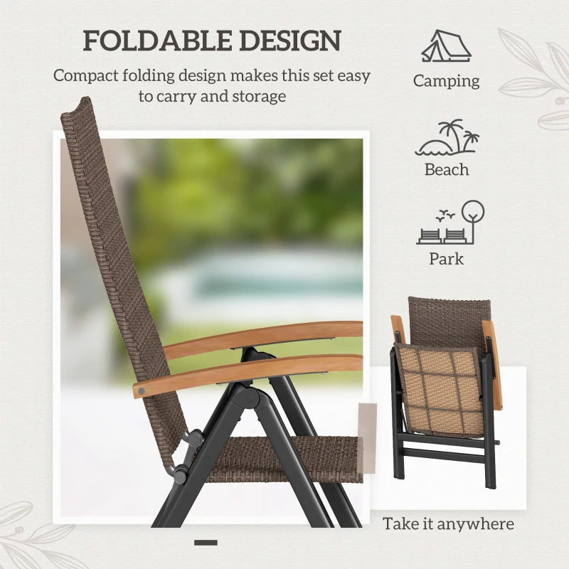 2 Piece Folding Rattan Garden Dining Chairs with Reclining High Back and Wood Armrests