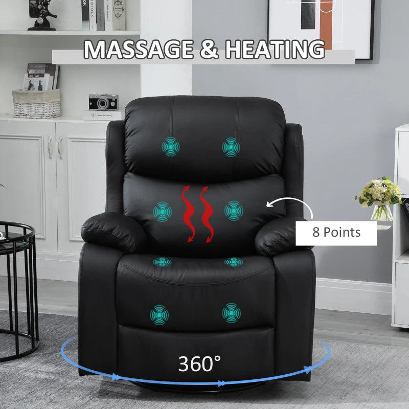 Reclining PU Leather Massage Chair with 8 Points and Heat, Manual Swivel Base, Footrest and Remote Control, Black