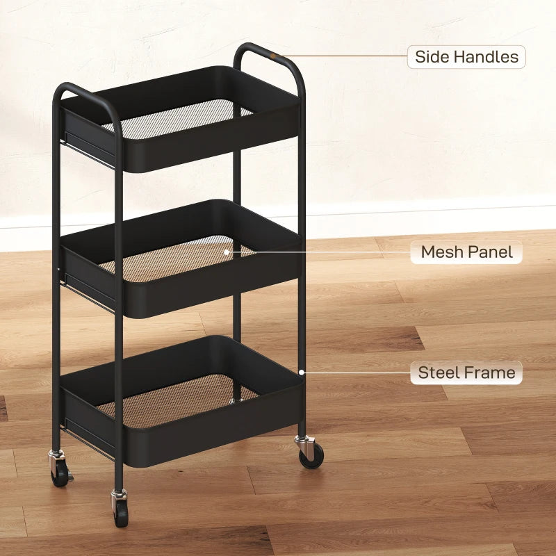 Three-Tier Black Steel Storage Trolley - Versatile Rolling Cart for Kitchen, Office, or Home Organization
