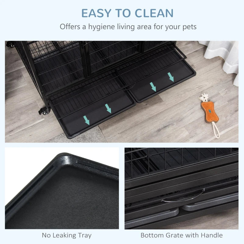 43" Heavy Duty Metal Dog Crate with Tray & Wheels - Large Black Pet Kennel for Dogs