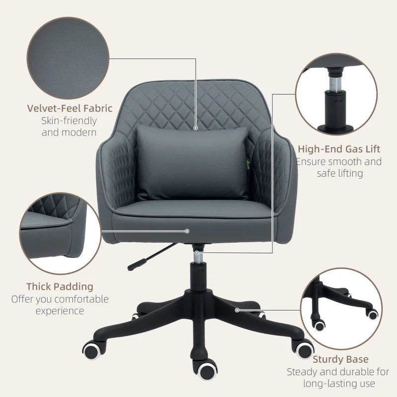 Vinsetto Grey Microfiber Office Chair with Massage Lumbar Pillow, Rolling Wheels - Ideal for Desk, Makeup Vanity & Home Use