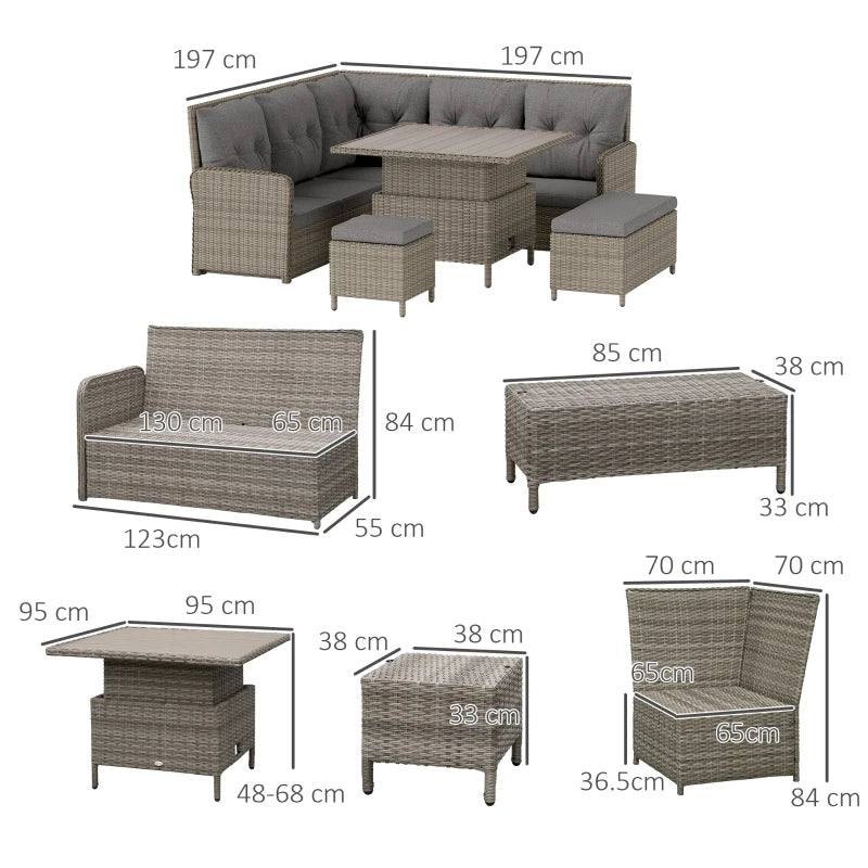 6 Pieces Light Grey Outdoor PE Rattan Garden Furniture Set - Patio Wicker Sectional Sofa with Soft Padded Cushions & Liftable Coffee Table