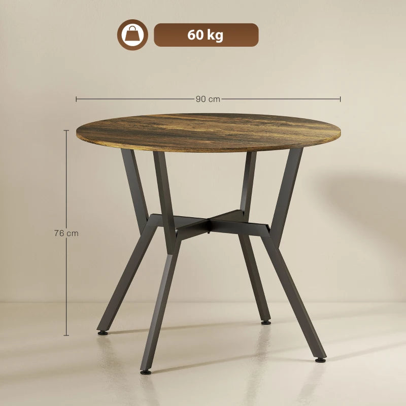 Rustic Brown Round Dining Table with Black Legs & Anti-Slip Foot Pads - 90 x 76 cm for Living Room & Kitchen