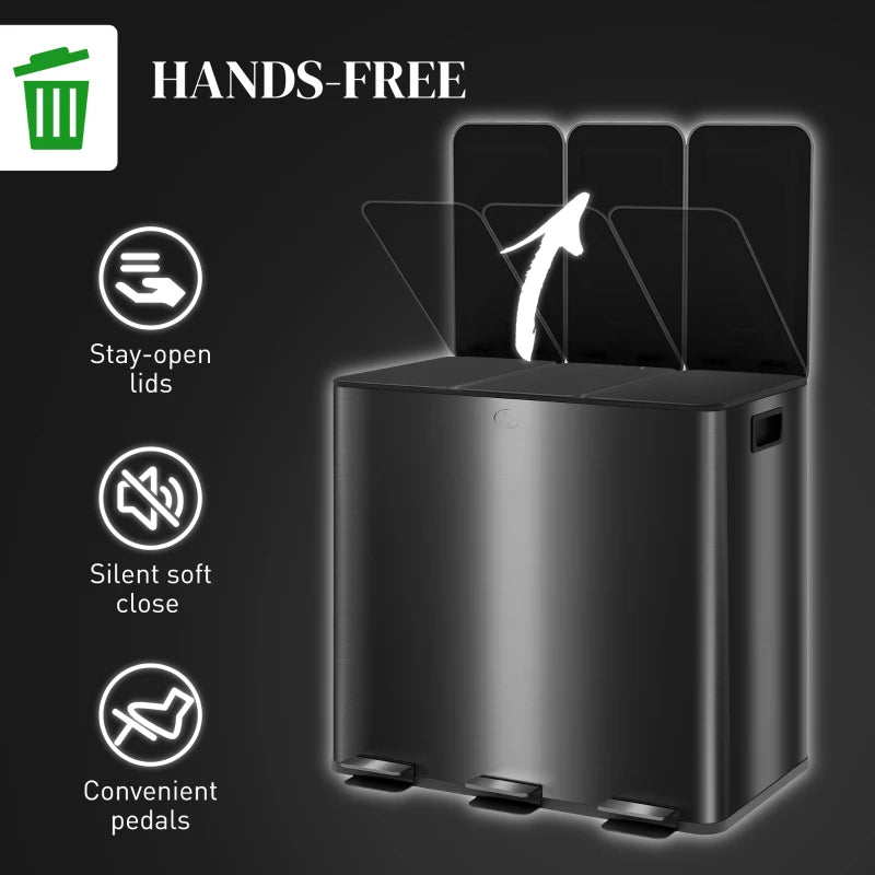 3 x 15L Steel Pedal Bin Set - Triple Kitchen Trash Can with Soft Close Lid, Removable Buckets, Fingerprint-Proof, Black