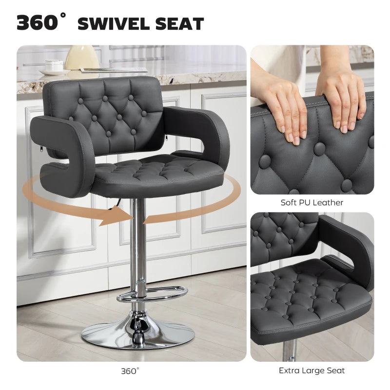 Adjustable Grey PU Leather Swivel Bar Stool with Back, Armrest & Footrest - Modern Height-Adjustable Design for Home & Bar