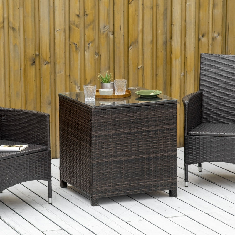 Brown Rattan Patio Side Table with Tempered Glass Top