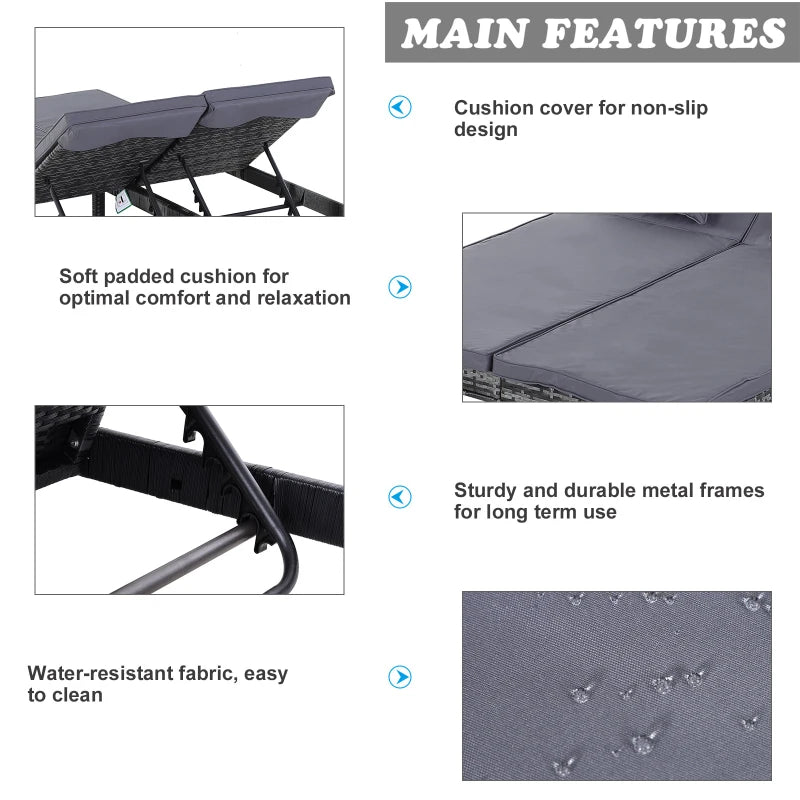 Grey Rattan Double Chaise Lounger with Cushion