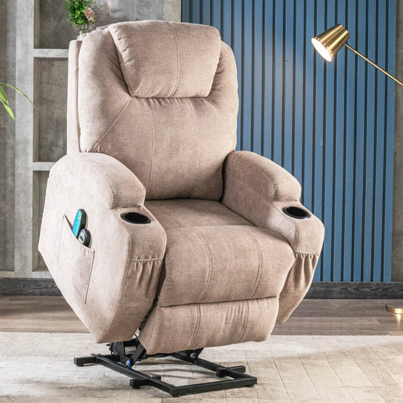 Electric Recliner Chair with Remote Control, Massage and Heating Features, Cup Holders and Side Pockets, Ideal for Seniors, Light Brown