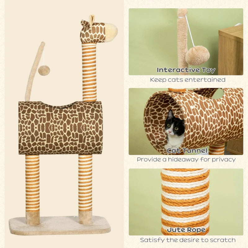 Unique Giraffe-Designed Cat Tree with Scratching Posts, Cat Tunnel & Toy Ball - Beige for Playful Cats