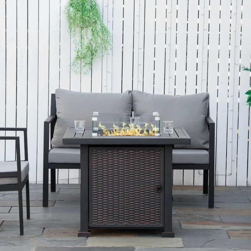 Square Propane Gas Fire Pit Table 50000 BTU - Smokeless Rattan Patio Heater with Glass Screen & Beads, 81cm Black