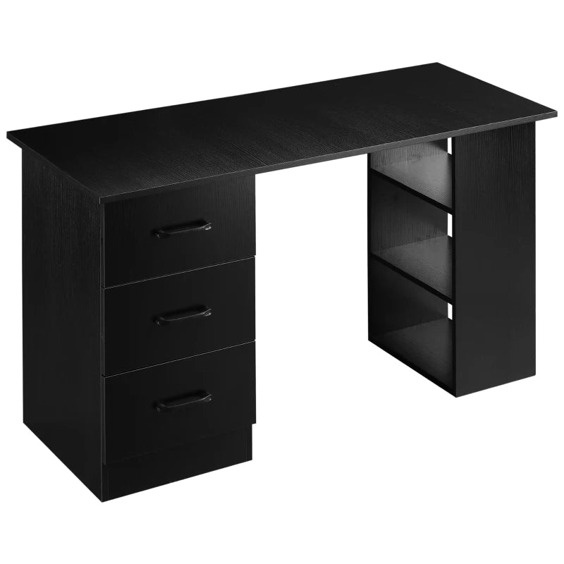 Modern Black Computer Desk with 3 Storage Shelves & Drawers - Stylish Writing Table for Home Office Workstation
