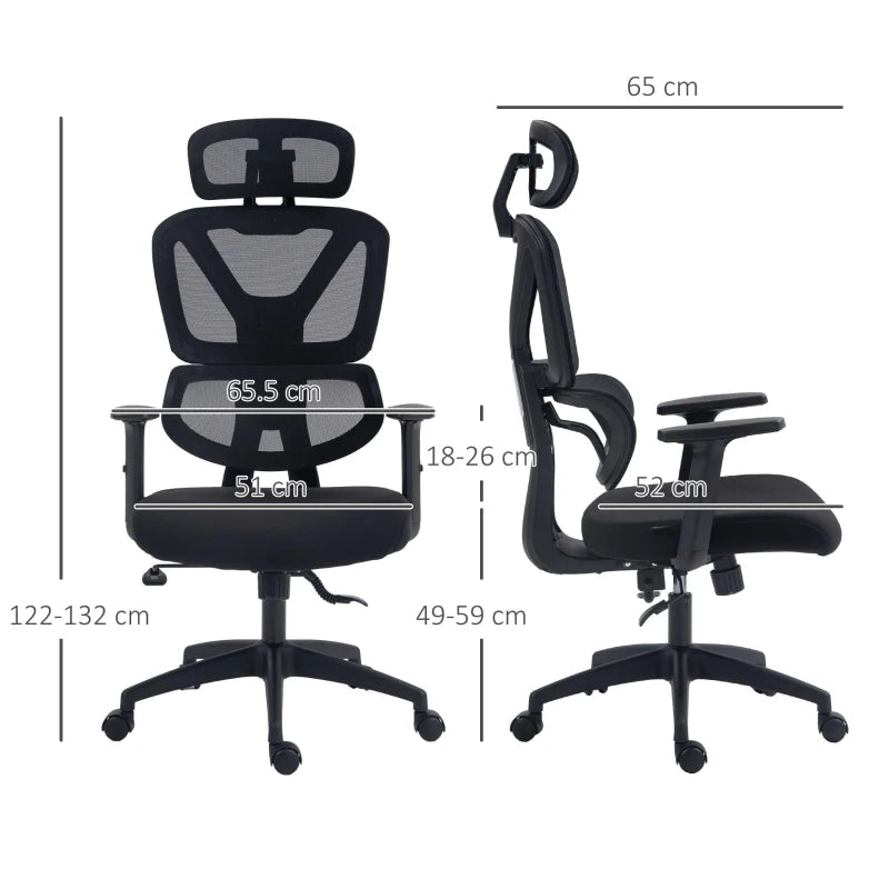 Vinsetto Adjustable Mesh Office Chair with Lumbar Support, Swivel Wheels & Headrest - Ergonomic Black Desk Chair