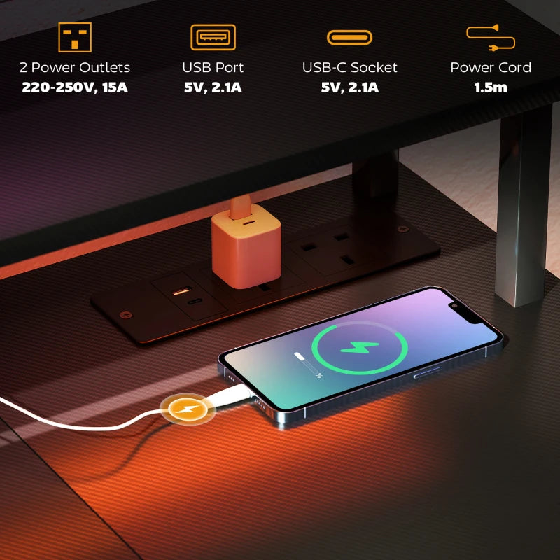 LED Computer Desk with Power Outlets & Shelves - Stylish Carbon Fibre Grey Home Office Furniture