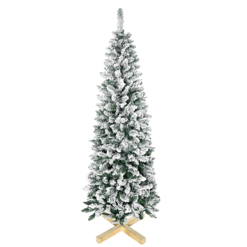 6 Ft Snow Flocked Artificial Christmas Tree - Realistic Pencil Tree with Auto Open & Pinewood Base - Green Xmas Decor