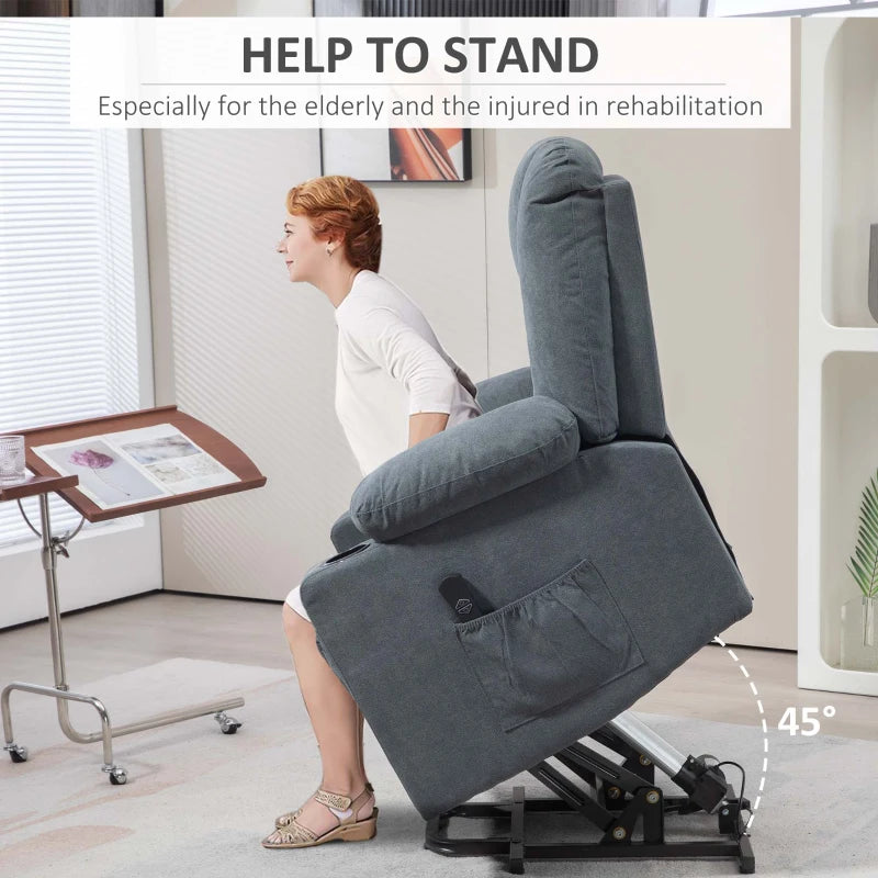 Oversized Riser Recliner Chair for Elderly - Fabric Lift Chair with Remote, Side Pockets, Cup Holder, Grey