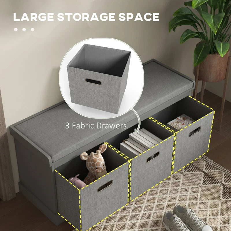 Three Drawer Shoe Storage Bench with Padded Top Seat in Grey