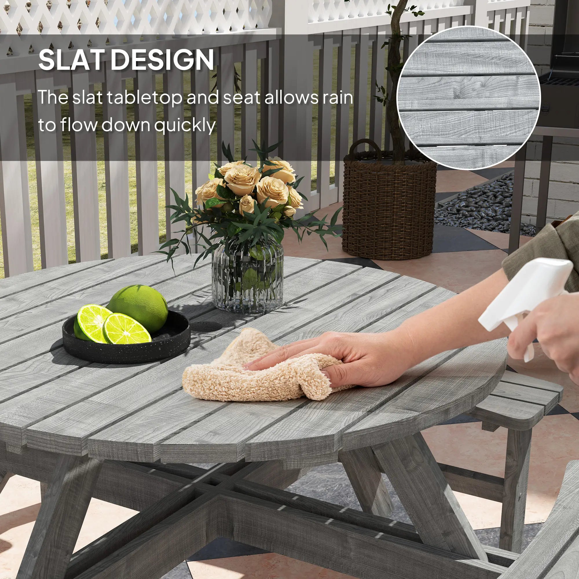 Grey Fir Wood 8-Seater Wooden Picnic Set -  Slatted Tabletop - Suits 8 People