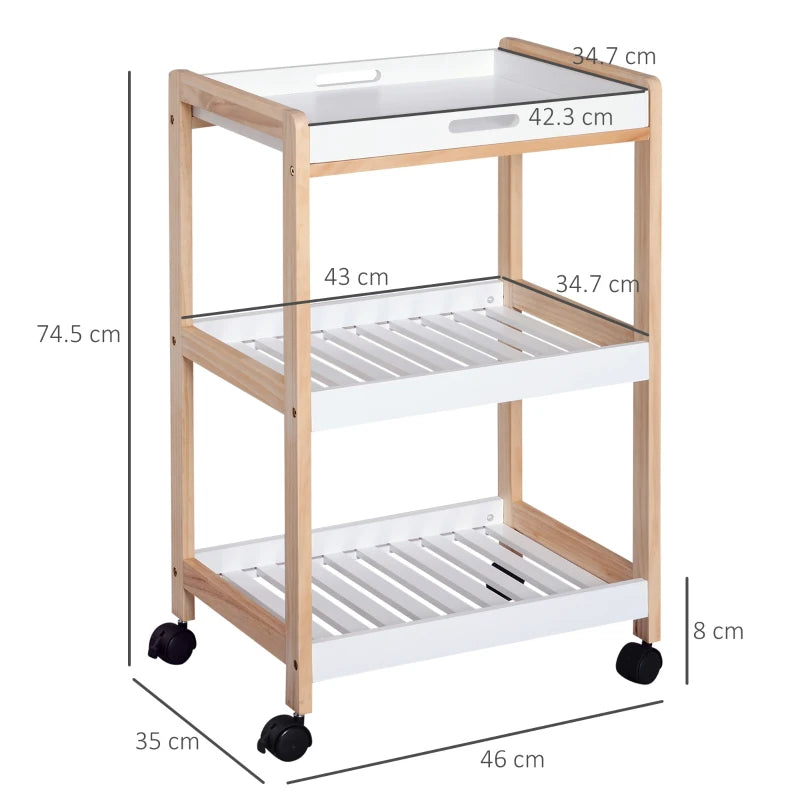 3-Tier Mobile Kitchen Trolley Cart with Rolling Wheels - White Storage Shelves Rack, 46 x 35 x 74.5 cm