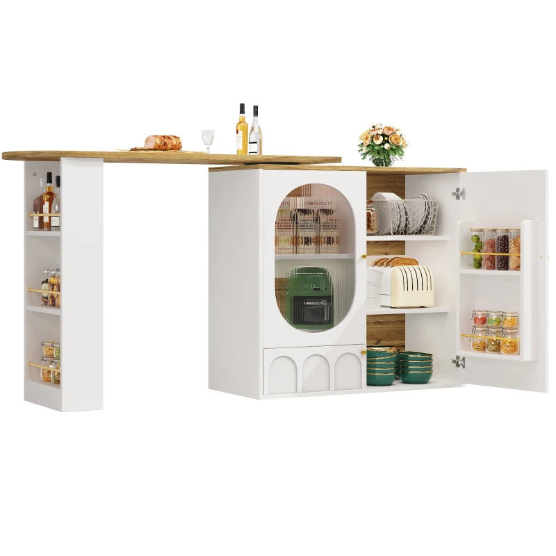 360° Rotating Bar Table with Storage Shelves & Metal Handles - Multi-Functional Dining Table & Sideboard, White, 204L x 39W x 105H cm