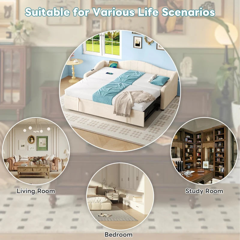 Beige Velvet Upholstered Daybed with USB & Type-C Ports, Convertible Sofa Bed & Pull-Out Trundle, 202x193x78 cm