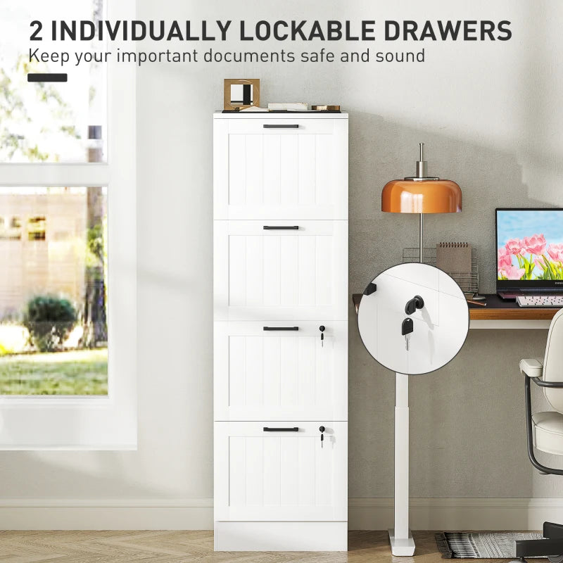 Secure 4 Drawer Filing Cabinet with Lock - Adjustable Hanging Bars for A4 Files - Stylish White Office Storage Solution
