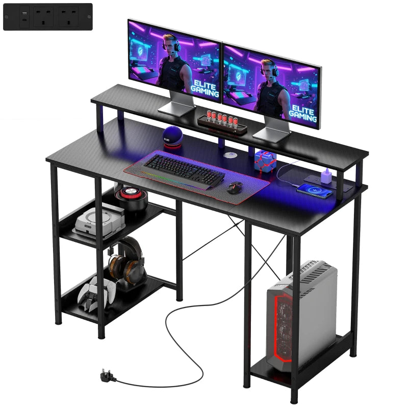 LED Computer Desk with Power Outlets & Shelves - Stylish Carbon Fibre Grey Home Office Furniture