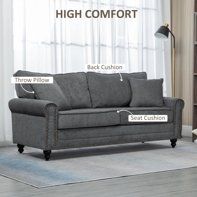 Stylish Grey 3 Seater Sofa with Extra Padded Cushions and Rubber Wood Legs for Living Room
