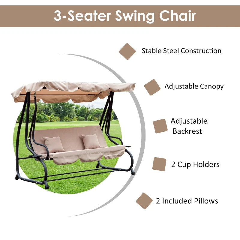 Beige Water-Resistant 3-Seater Swing Chair with Cup Holder