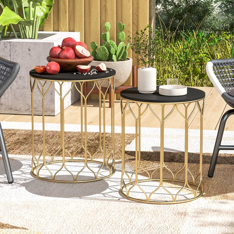 Set of 2 Black Ceramic Tile Top Nesting Tables - Multifunctional Indoor Outdoor Small Garden Side Tables with Metal Frame for Patio, Balcony, Porch