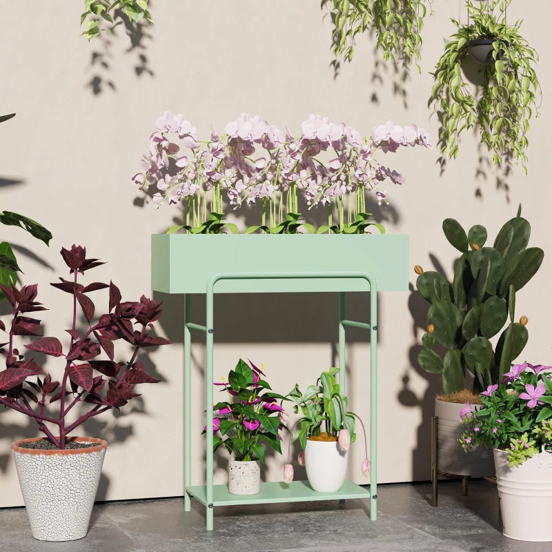 2 Tier Metal Plant Stand - Green Flower Pot Rack Shelf with Drain Holes for Indoor Outdoor Garden, Patio, Balcony, Living Room - 2-Tier Design