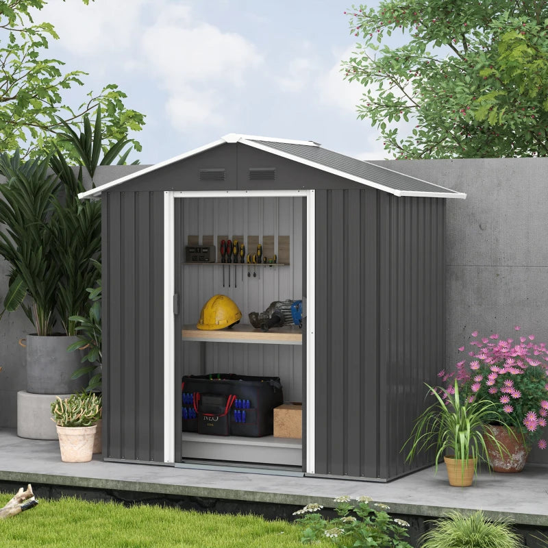 Dark Grey 6.5ft x 3.5ft Metal Garden Storage Shed With Double Sliding Doors and 4 Vents