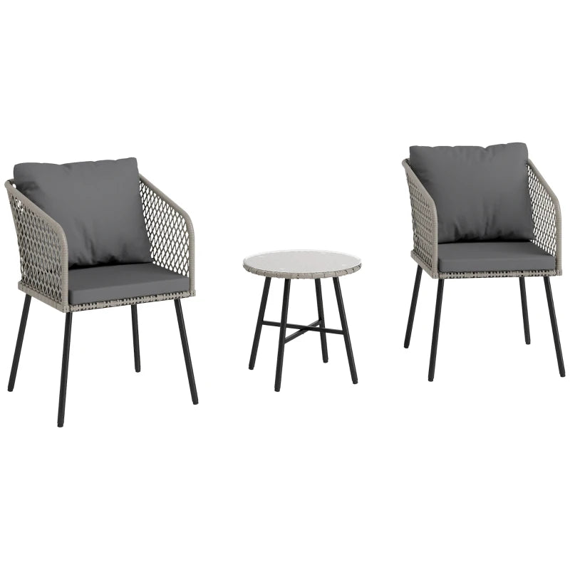 3 Piece Rattan Bistro Set with 2 Chairs & Glass Table for Garden, Balcony, Grey
