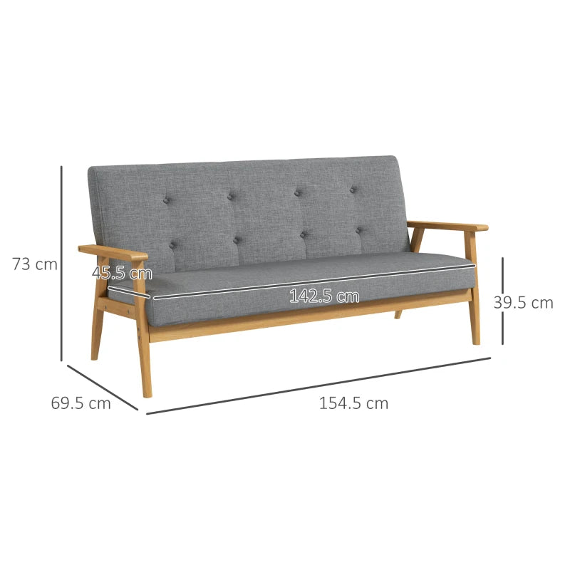 Modern 3-Seater Sofa in Dark Grey Linen Fabric with Tufted Design and Rubberwood Legs for Living Room