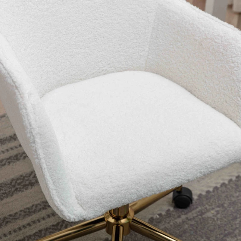 Adjustable Height Swivel Executive Office Chair with Gold Legs, Ergonomic Backrest, White Teddy Fabric, 58x58x86 cm