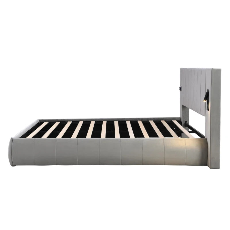 Stylish King Size Upholstered Bed with Stereo and USB Charging Ports Velvet Iron Frame Grey